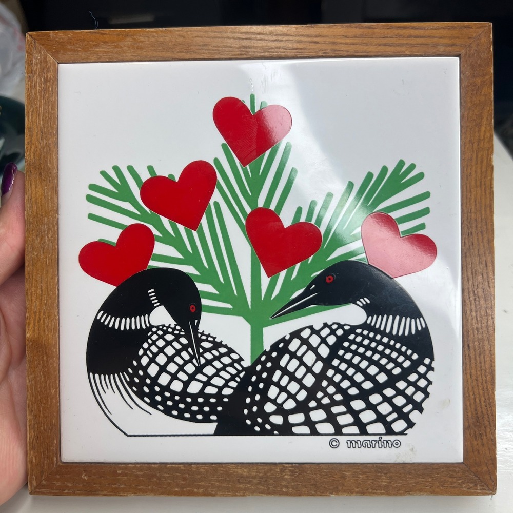 Vintage Marino Duluth MN Loon Ceramic Tile Art Wood Framed 6.75in Heart Pine